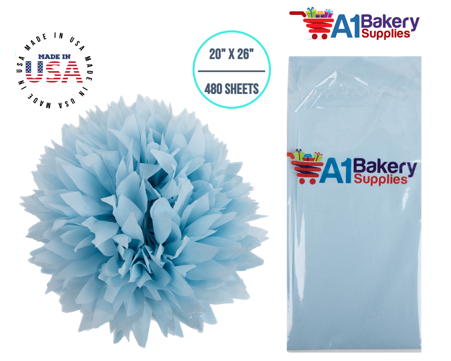 Light Blue Tissue Paper Squares, Bulk 480 Sheets, Premium Gift Wrap and Art Supplies for Birthdays, Holidays, or Presents by A1BakerySupplies, Large 20 Inch x 26 Inch