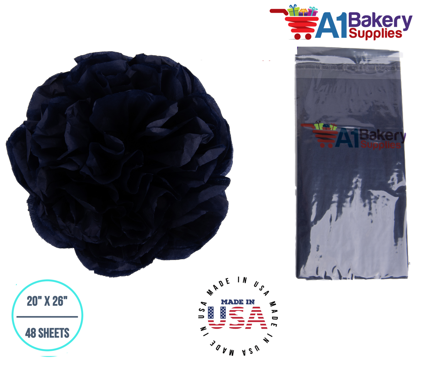 Black Tissue Paper Squares, Bulk 48 Sheets, Premium Gift Wrap and Art Supplies for Birthdays, Holidays, or Presents by A1BakerySupplies, Medium 20 Inch x 26 Inch