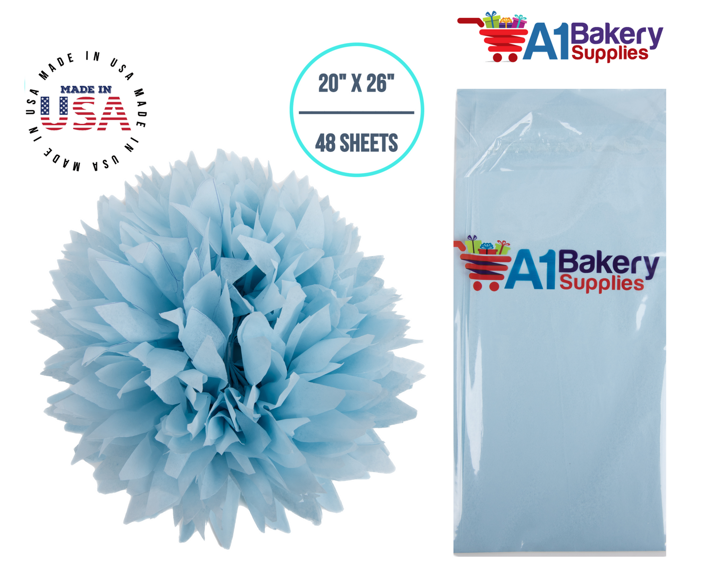 Light Blue Tissue Paper Squares, Bulk 48 Sheets, Premium Gift Wrap and Art Supplies for Birthdays, Holidays, or Presents by A1BakerySupplies, Medium 20 Inch x 26 Inch