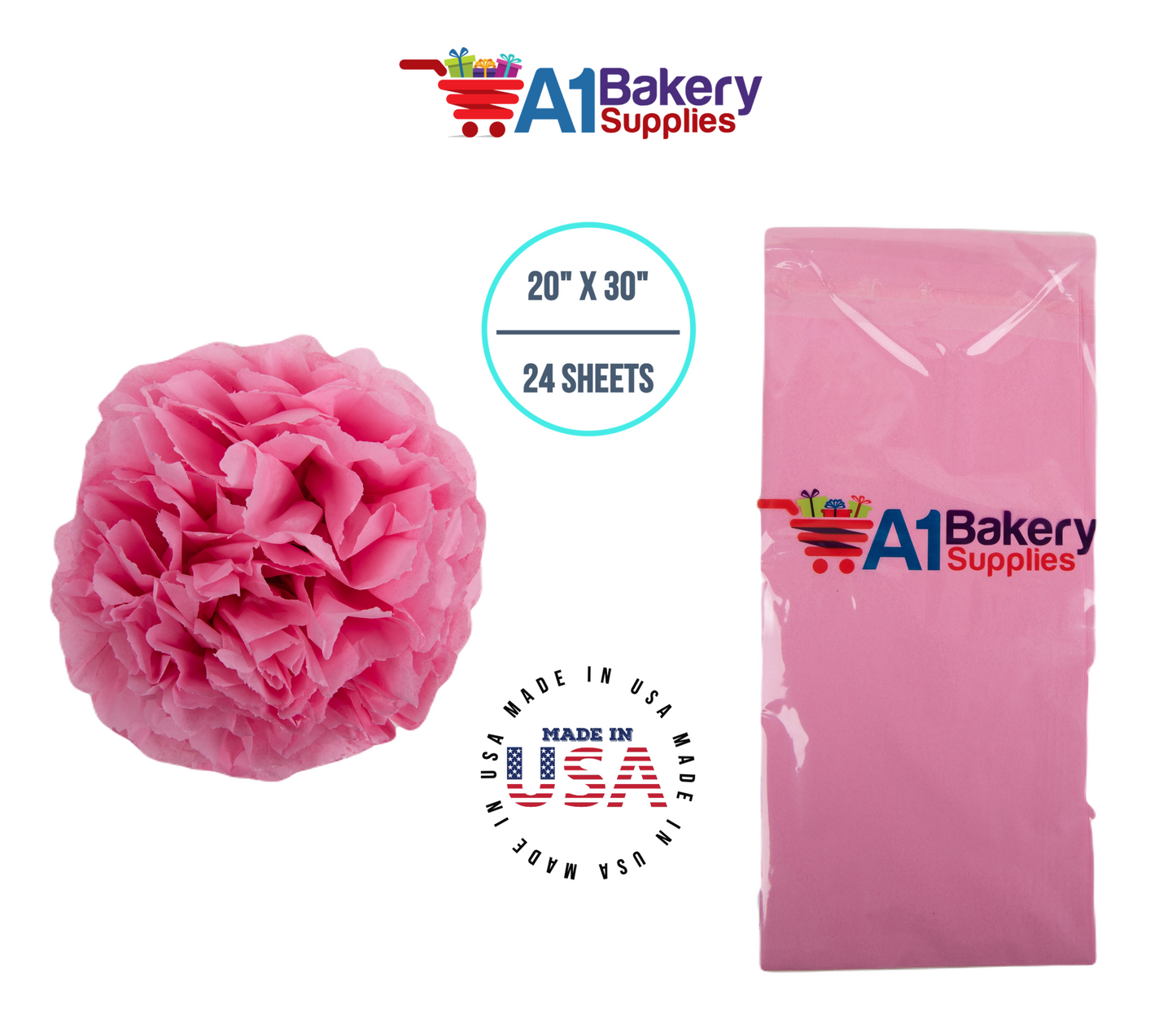 Pink Tissue Paper Squares, Bulk 24 Sheets, Premium Gift Wrap and Art Supplies for Birthdays, Holidays, or Presents by A1BakerySupplies, Small 20 Inch x 30 Inch