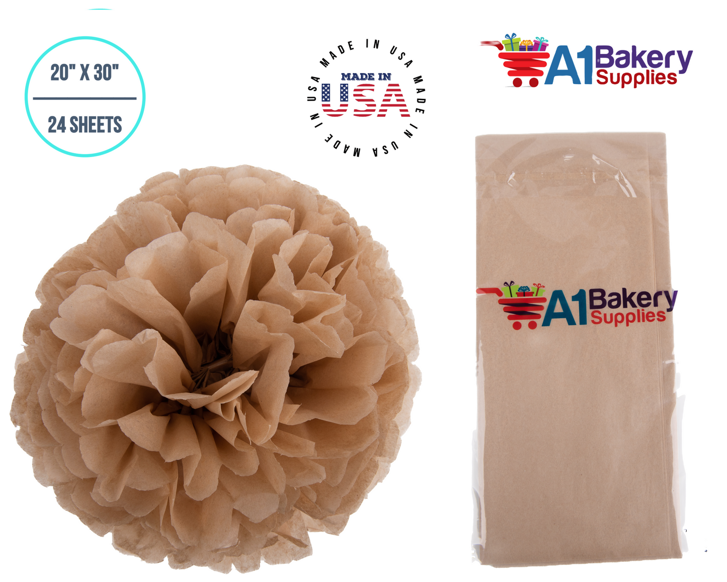 Desert Tan  Tissue Paper Squares, Bulk 24 Sheets, Premium Gift Wrap and Art Supplies for Birthdays, Holidays, or Presents by A1BakerySupplies, Small 20 Inch x 30 Inch