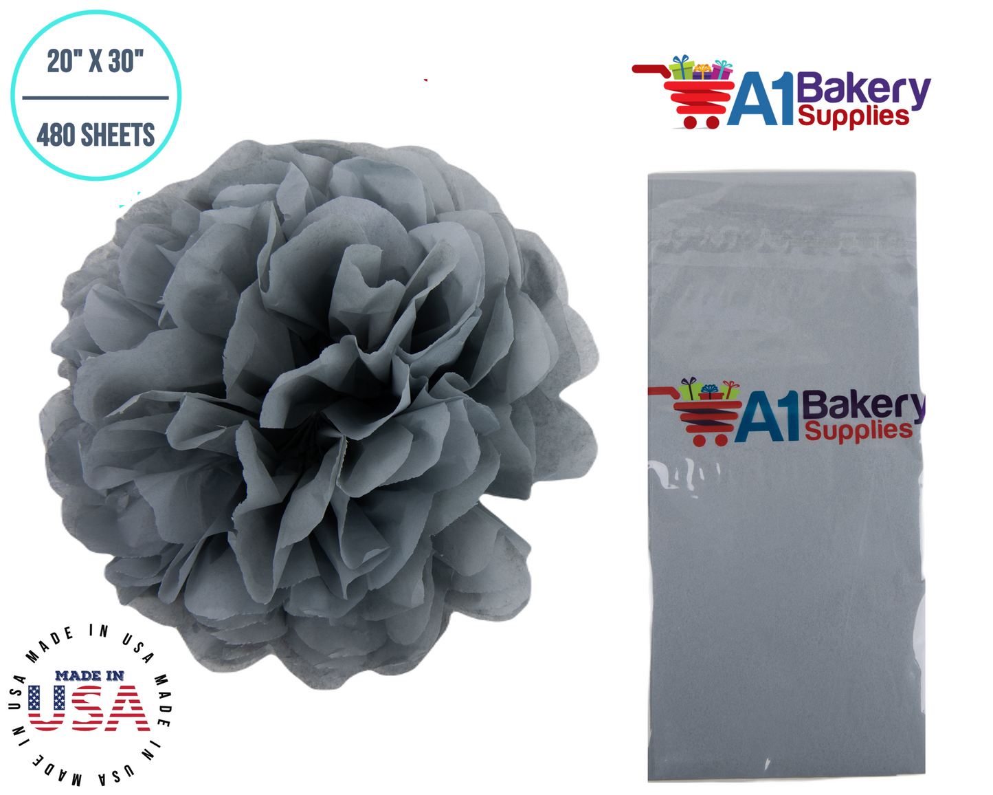 Gray Tissue Paper Squares, Bulk 480 Sheets, Premium Gift Wrap and Art Supplies for Birthdays, Holidays, or Presents by A1BakerySupplies, Large 20 Inch x 30 Inch