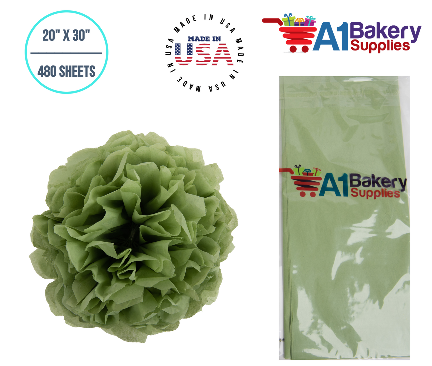 Sage Tissue Paper Squares, Bulk 480 Sheets, Premium Gift Wrap and Art Supplies for Birthdays, Holidays, or Presents by A1BakerySupplies, Large 20 Inch x 30 Inch
