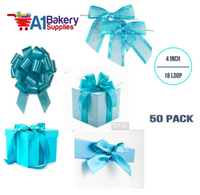 A1BakerySupplies 50 Pieces Pull Bow for Gift Wrapping Gift Bows Pull Bow With Ribbon for Wedding Gift Baskets, 4 Inch 18 Loop Turquoise Flora Satin Color