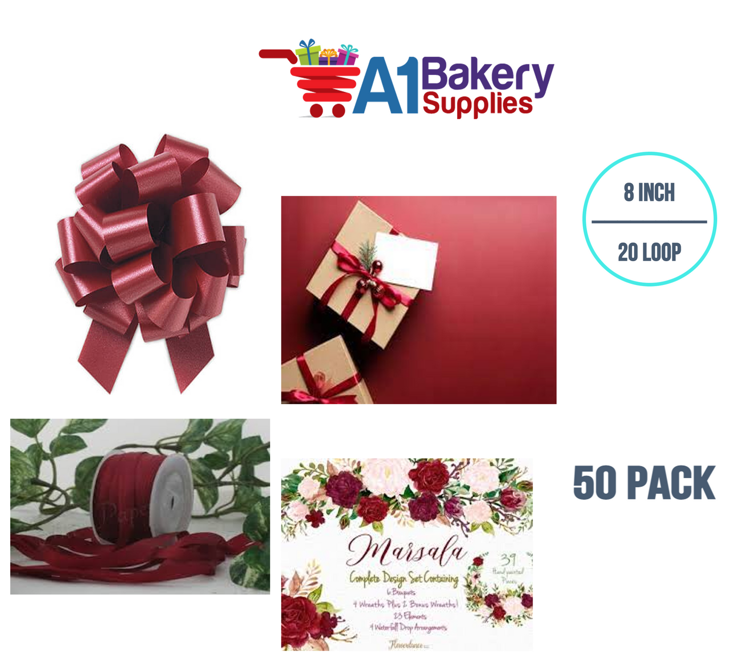 A1BakerySupplies 50 Pieces Pull Bow for Gift Wrapping Gift Bows Pull Bow With Ribbon for Wedding Gift Baskets, 8 Inch 20 Loop Marsala Maroon Flora Satin Color