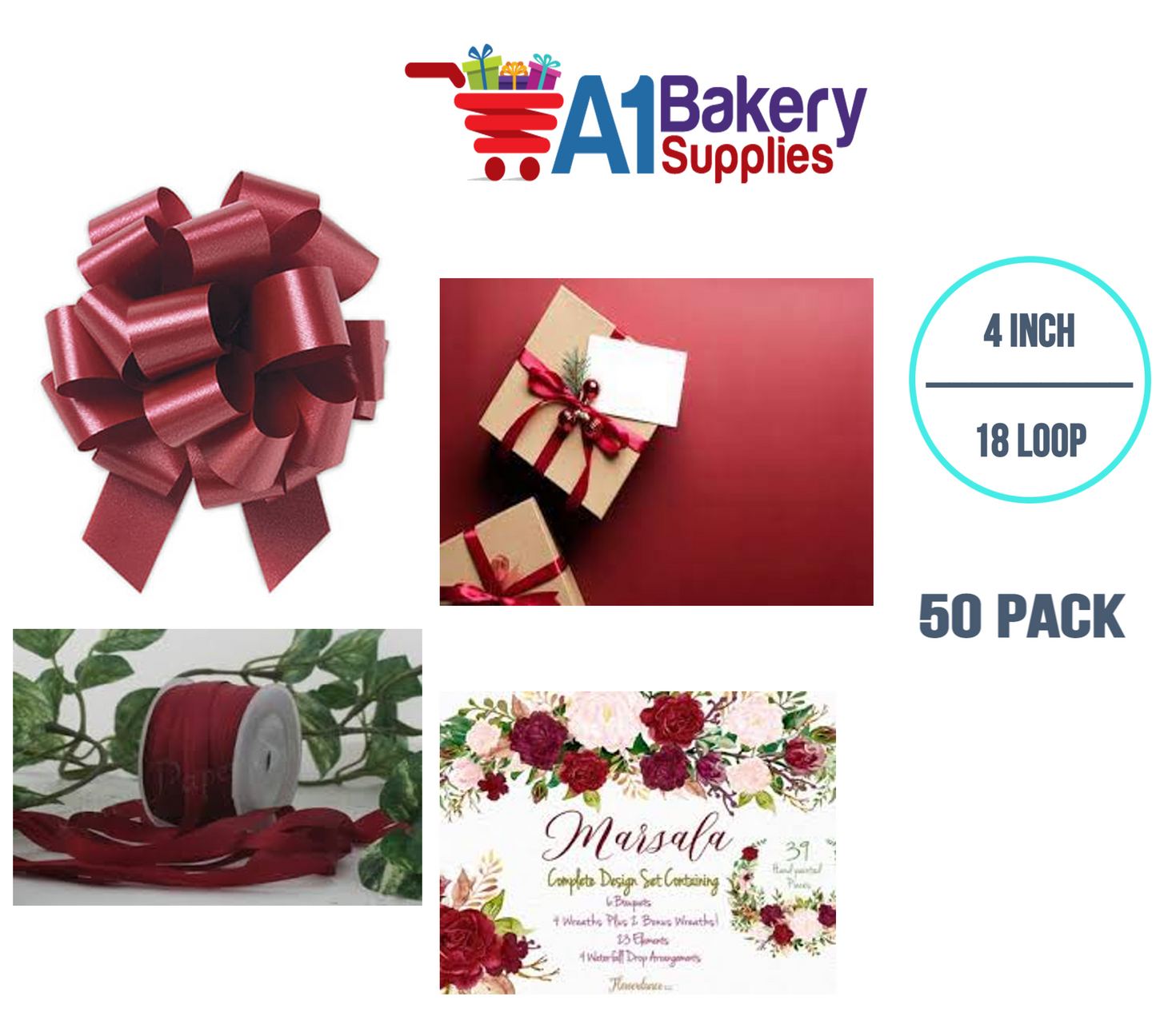 A1BakerySupplies 50 Pieces Pull Bow for Gift Wrapping Gift Bows Pull Bow With Ribbon for Wedding Gift Baskets, 4 Inch 18 Loop Marsala Maroon Flora Satin Color