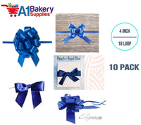 A1BakerySupplies 10 Pieces Pull Bow for Gift Wrapping Gift Bows Pull Bow With Ribbon for Wedding Gift Baskets, 4 Inch 18 Loop Royal Blue Flora Satin Color