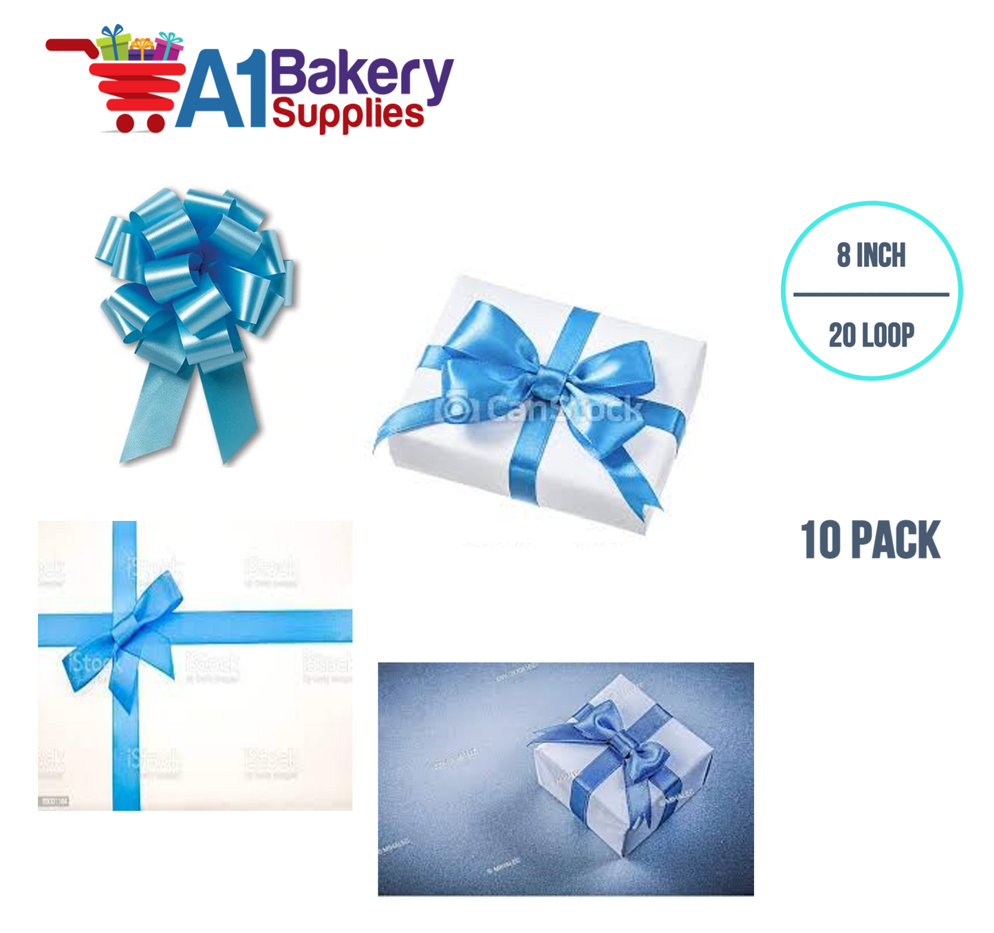 A1BakerySupplies 10 Pieces Pull Bow for Gift Wrapping Gift Bows Pull Bow With Ribbon for Wedding Gift Baskets, 8 Inch 20 Loop Light Blue Flora Satin Color