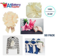 A1BakerySupplies 50 Pieces Pull Bow for Gift Wrapping Gift Bows Pull Bow With Ribbon for Wedding Gift Baskets, 8 Inch 20 Loop Ivory Eggshell Flora Satin Color