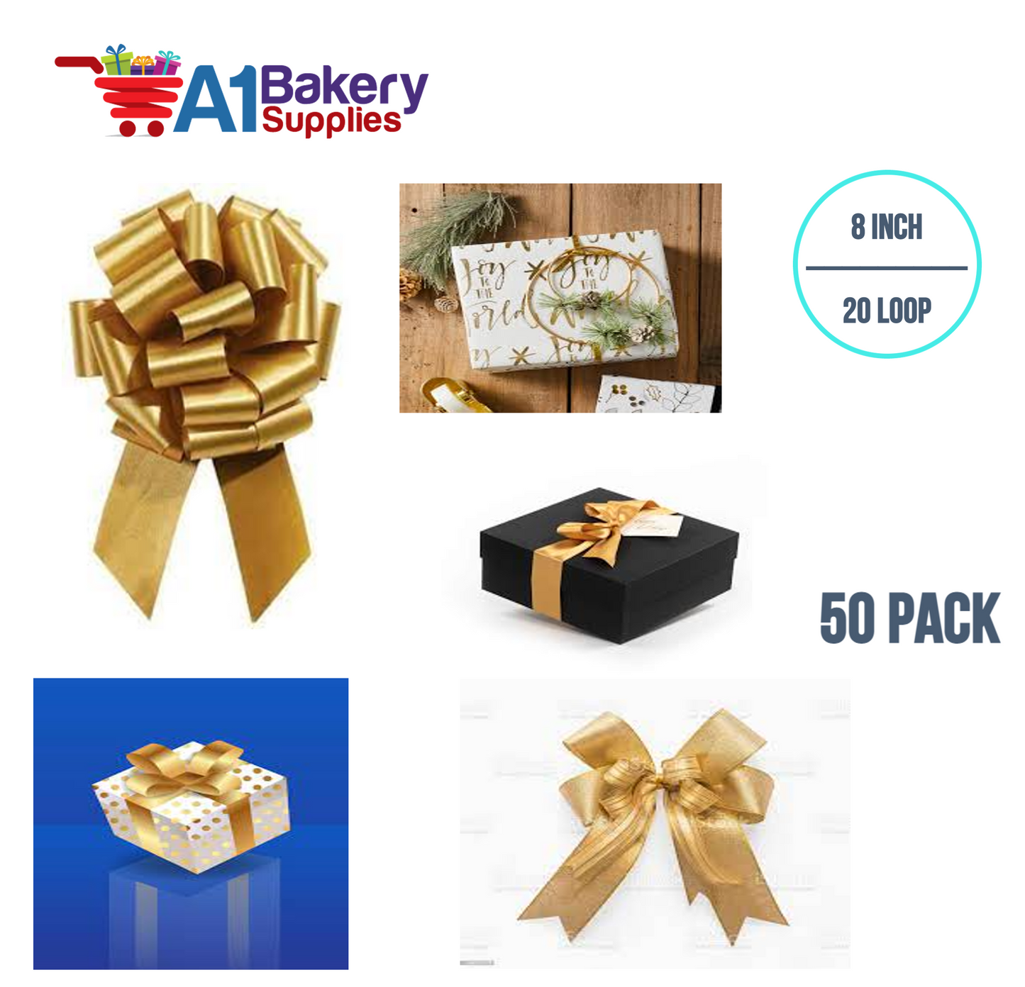 A1BakerySupplies 50 Pieces Pull Bow for Gift Wrapping Gift Bows Pull Bow With Ribbon for Wedding Gift Baskets, 8 Inch 20 Loop in Holiday Gold Color