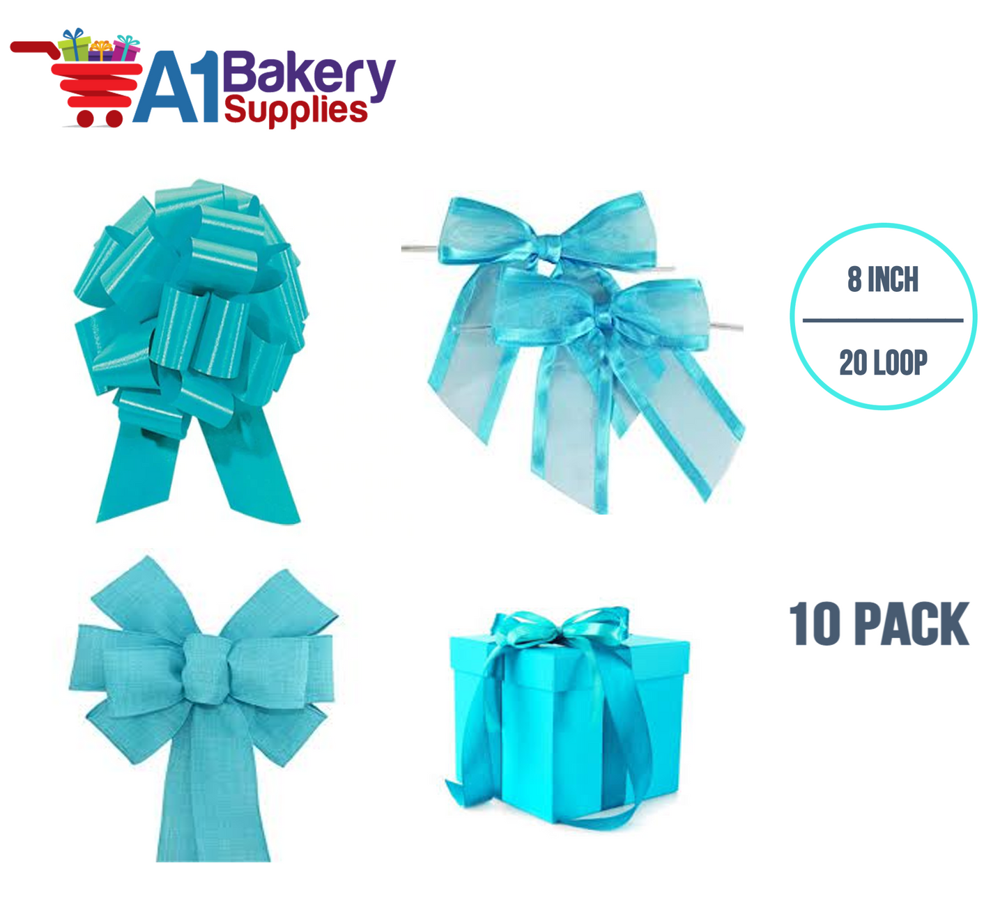 A1BakerySupplies 10 Pieces Pull Bow for Gift Wrapping Gift Bows Pull Bow With Ribbon for Wedding Gift Baskets, 8 Inch 20 Loop Turquoise Flora Satin Color