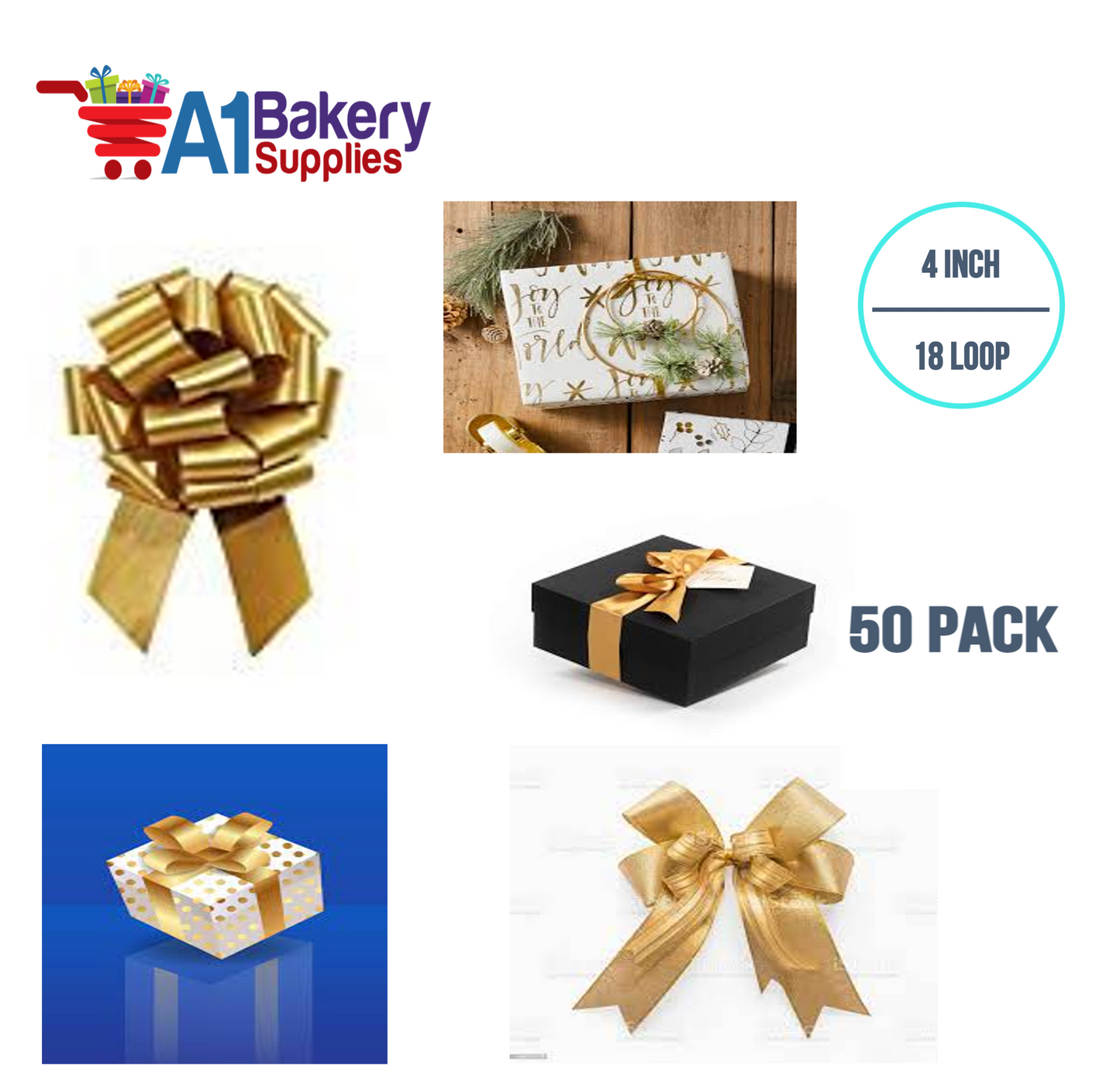 A1BakerySupplies 50 Pieces Pull Bow for Gift Wrapping Gift Bows Pull Bow With Ribbon for Wedding Gift Baskets, 4 Inch 18 Loop Antique Gold Flora Satin Color