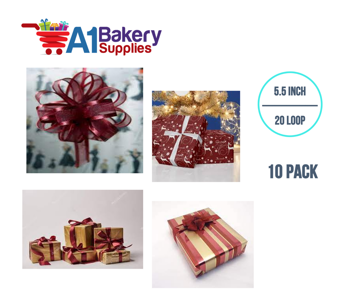 A1BakerySupplies 10 Pieces Pull Bow for Gift Wrapping Gift Bows Pull Bow With Ribbon for Wedding Gift Baskets, 5.5 Inch 20 Loop in Burgundy Color