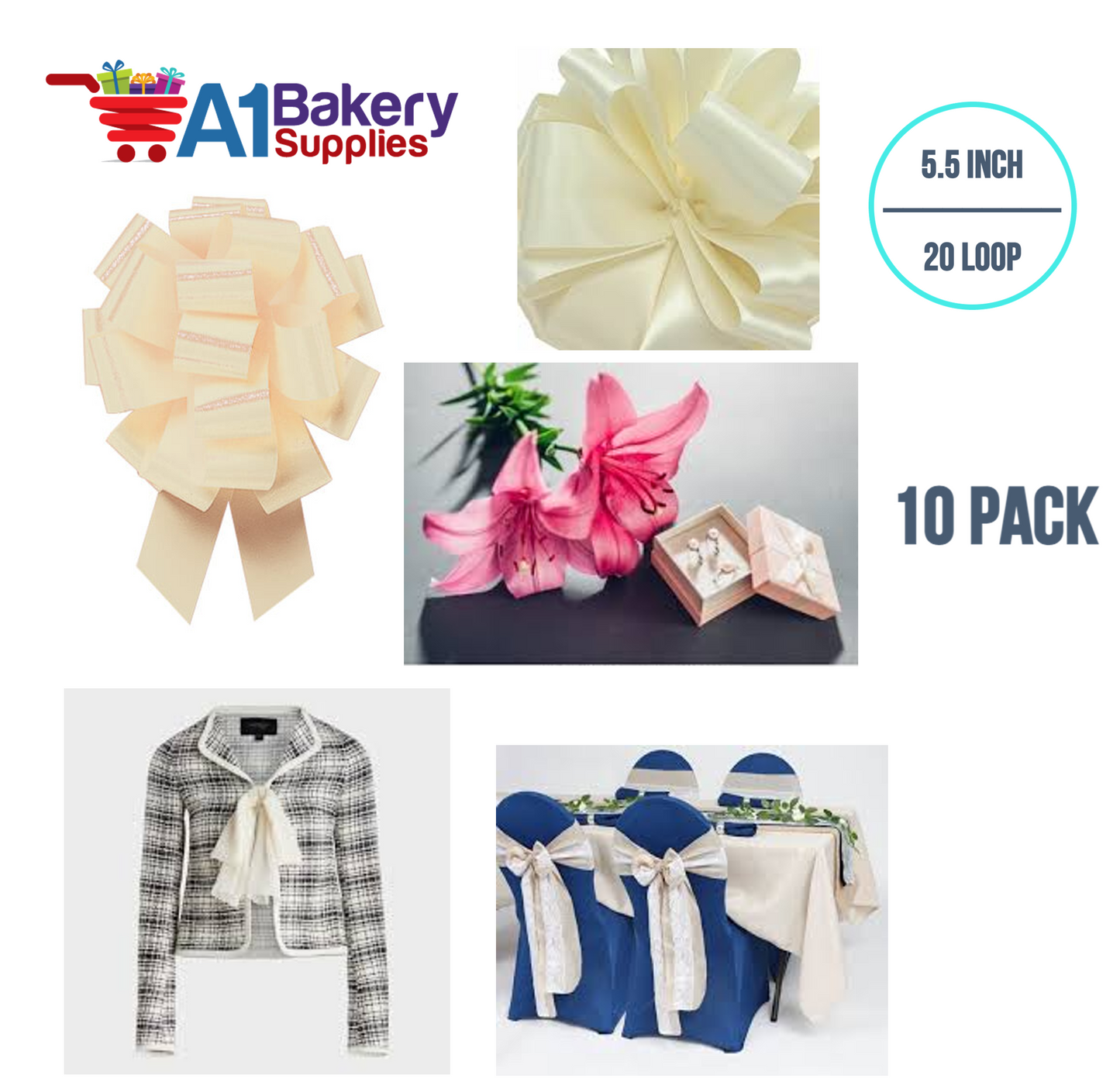 A1BakerySupplies 10 Pieces Pull Bow for Gift Wrapping Gift Bows Pull Bow With Ribbon for Wedding Gift Baskets, 5.5 Inch 20 Loop in Egg Shell Color