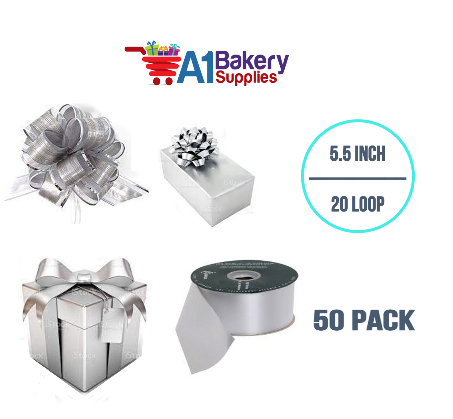 A1BakerySupplies 50 Pieces Pull Bow for Gift Wrapping Gift Bows Pull Bow With Ribbon for Wedding Gift Baskets, 5.5 Inch 20 Loop in Silver Color