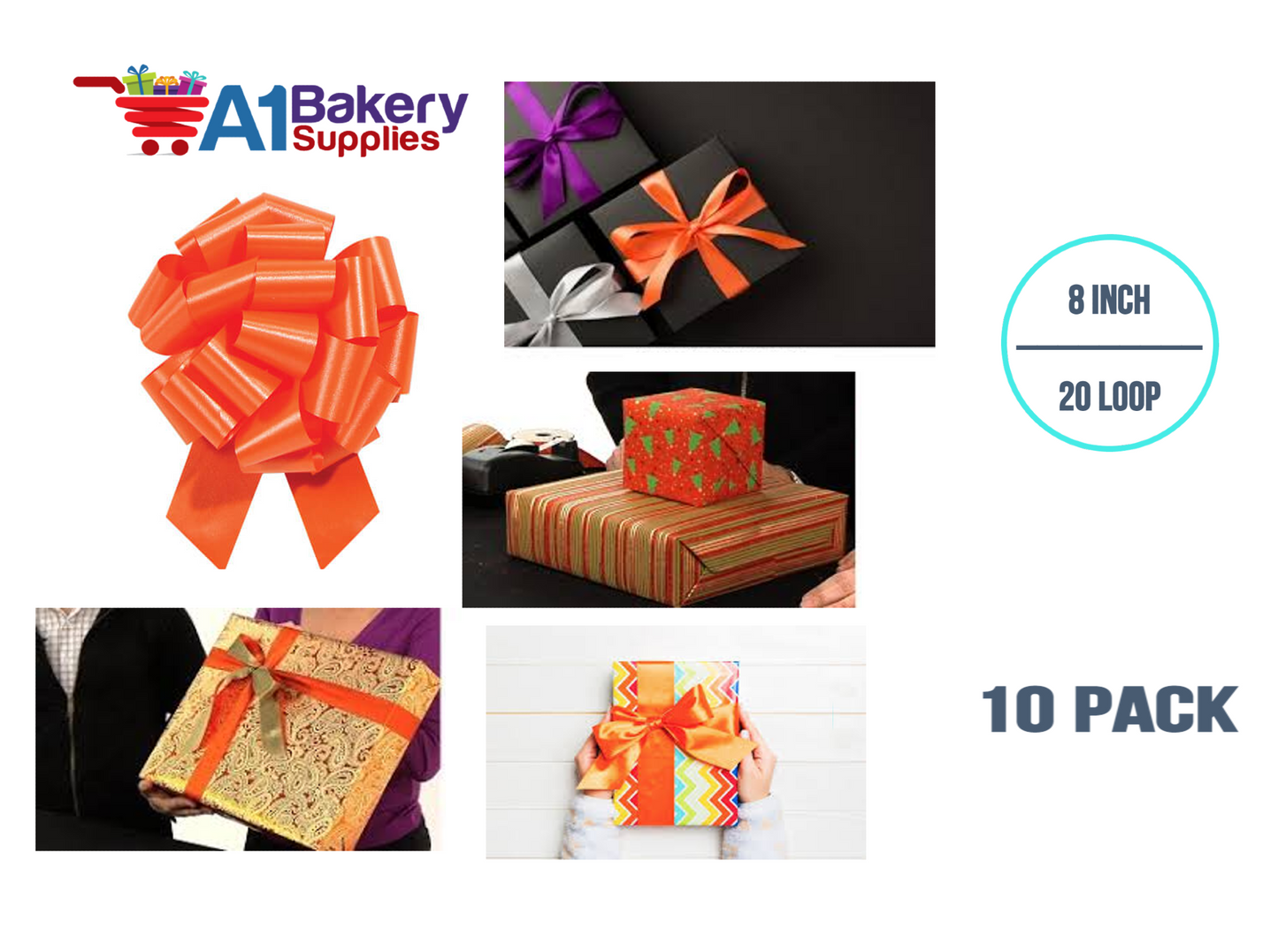 A1BakerySupplies 10 Pieces Pull Bow for Gift Wrapping Gift Bows Pull Bow With Ribbon for Wedding Gift Baskets, 8 Inch 20 Loop Tropical Orange Flora Satin Color