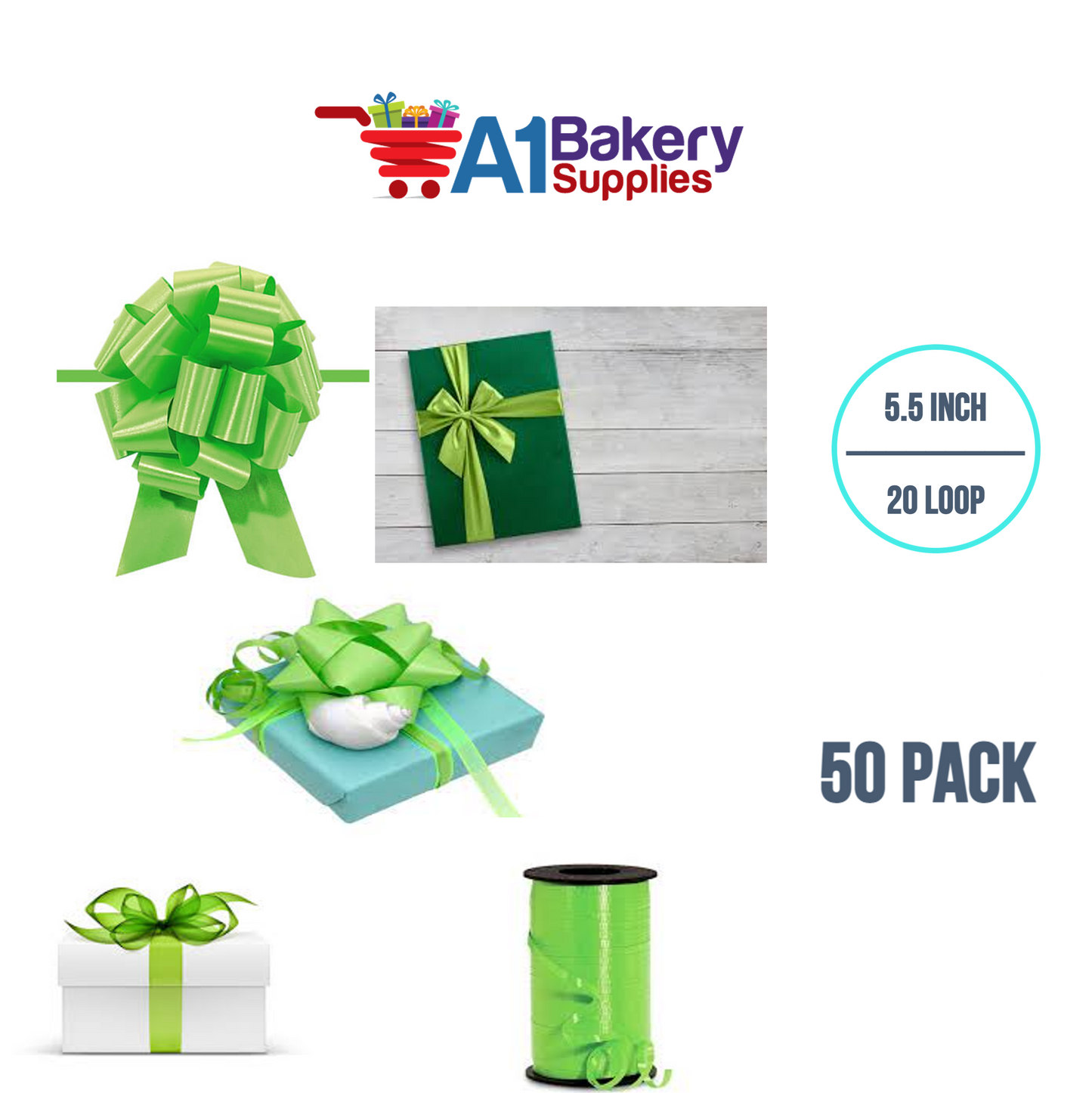 A1BakerySupplies 50 Pieces Pull Bow for Gift Wrapping Gift Bows Pull Bow With Ribbon for Wedding Gift Baskets, 5.5 Inch 20 Loop in Citrus Green Color