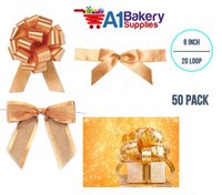 A1BakerySupplies 50 Pieces Pull Bow for Gift Wrapping Gift Bows Pull Bow With Ribbon for Wedding Gift Baskets, 8 Inch 20 Loop Gold Flora Satin Color