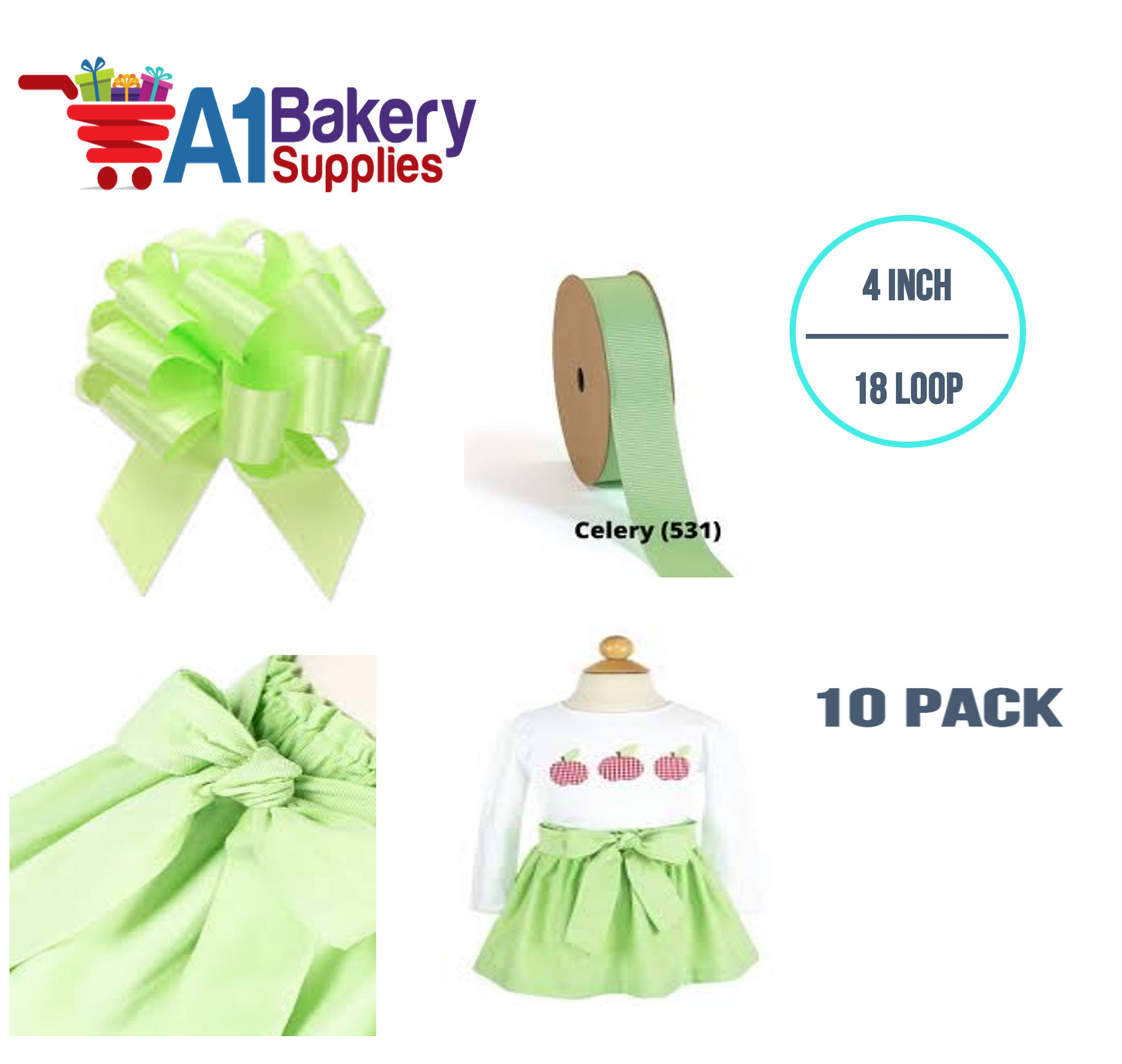 A1BakerySupplies 10 Pieces Pull Bow for Gift Wrapping Gift Bows Pull Bow With Ribbon for Wedding Gift Baskets, 4 Inch 18 Loop Celery Flora Satin Color
