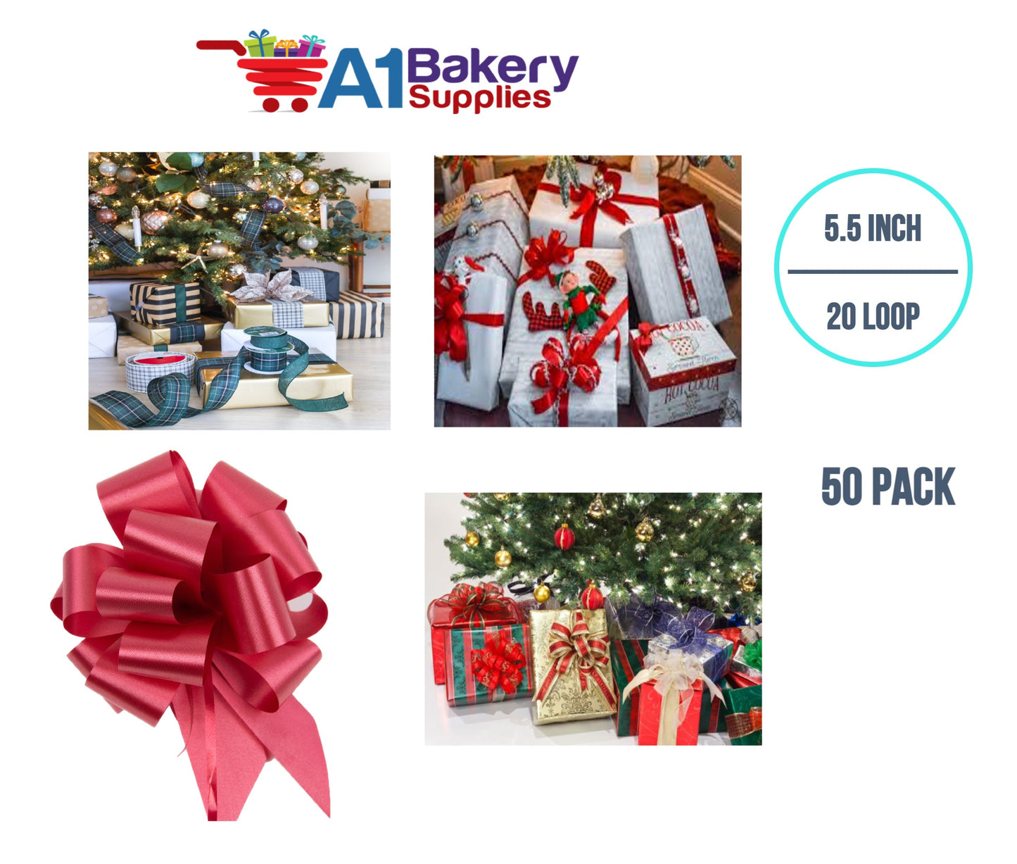 A1BakerySupplies 50 Pieces Pull Bow for Gift Wrapping Gift Bows Pull Bow With Ribbon for Wedding Gift Baskets, 5.5 Inch 20 Loop in Red Color