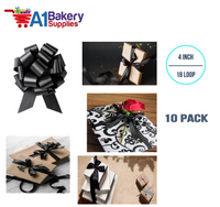 A1BakerySupplies 10 Pieces Pull Bow for Gift Wrapping Gift Bows Pull Bow With Ribbon for Wedding Gift Baskets, 4 Inch 18 Loop Black Flora Satin Color
