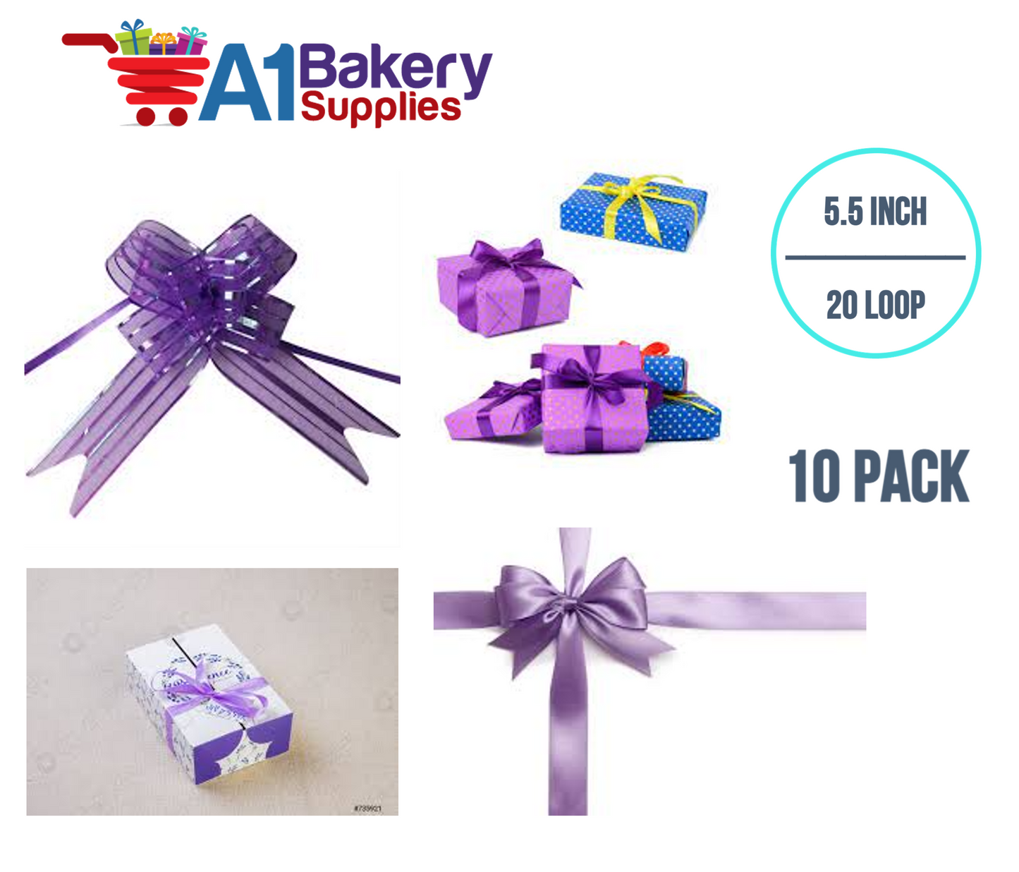 A1BakerySupplies 10 Pieces Pull Bow for Gift Wrapping Gift Bows Pull Bow With Ribbon for Wedding Gift Baskets, 5.5 Inch 20 Loop in Lavender Color