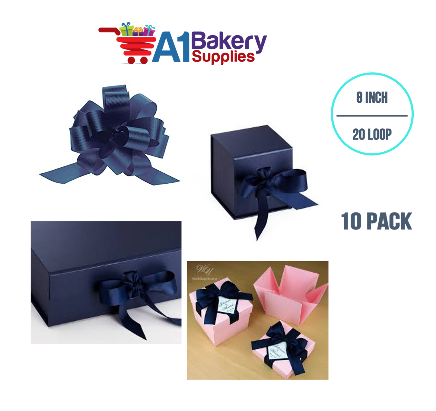 A1BakerySupplies 10 Pieces Pull Bow for Gift Wrapping Gift Bows Pull Bow With Ribbon for Wedding Gift Baskets, 8 Inch 20 Loop Navy Blue Flora Satin Color