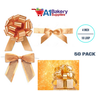 A1BakerySupplies 50 Pieces Pull Bow for Gift Wrapping Gift Bows Pull Bow With Ribbon for Wedding Gift Baskets, 4 Inch 18 Loop Gold Flora Satin Color