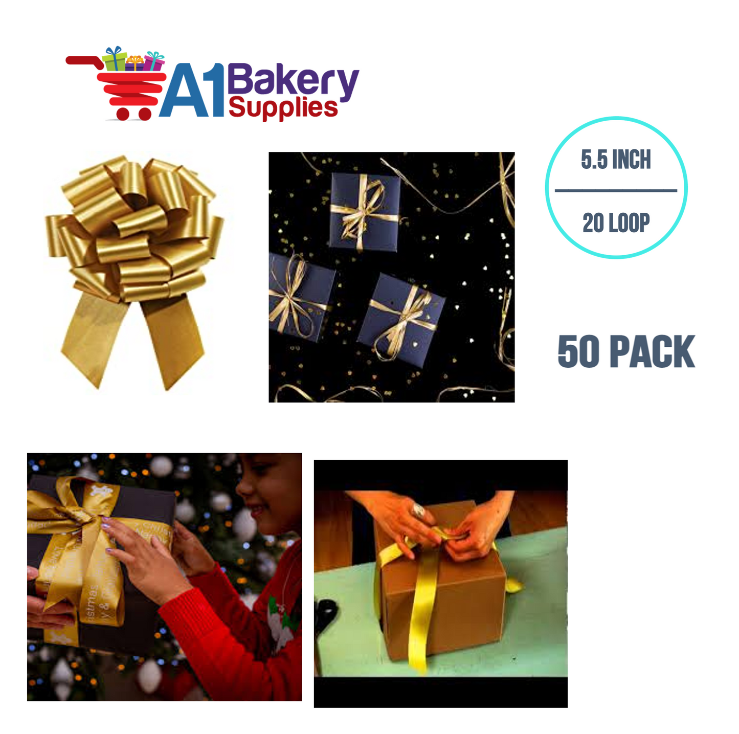 A1BakerySupplies 50 Pieces Pull Bow for Gift Wrapping Gift Bows Pull Bow With Ribbon for Wedding Gift Baskets, 5.5 Inch 20 Loop in Antique Gold Color