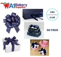 A1BakerySupplies 50 Pieces Pull Bow for Gift Wrapping Gift Bows Pull Bow With Ribbon for Wedding Gift Baskets, 4 Inch 18 Loop Navy Blue Flora Satin Color