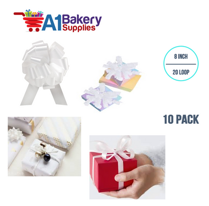 A1BakerySupplies 10 Pieces Pull Bow for Gift Wrapping Gift Bows Pull Bow With Ribbon for Wedding Gift Baskets, 8 Inch 20 Loop in White Flora Satin Color