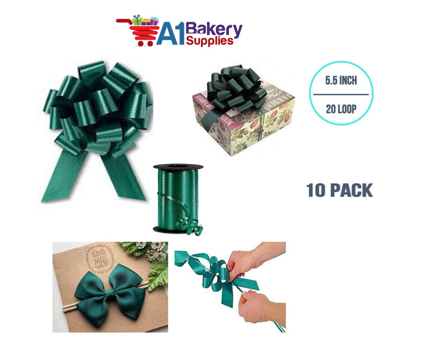 A1BakerySupplies 10 Pieces Pull Bow for Gift Wrapping Gift Bows Pull Bow With Ribbon for Wedding Gift Baskets, 5.5 Inch 20 Loop in Hunter Green Color