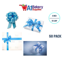 A1BakerySupplies 50 Pieces Pull Bow for Gift Wrapping Gift Bows Pull Bow With Ribbon for Wedding Gift Baskets, 8 Inch 20 Loop Light Blue Flora Satin Color