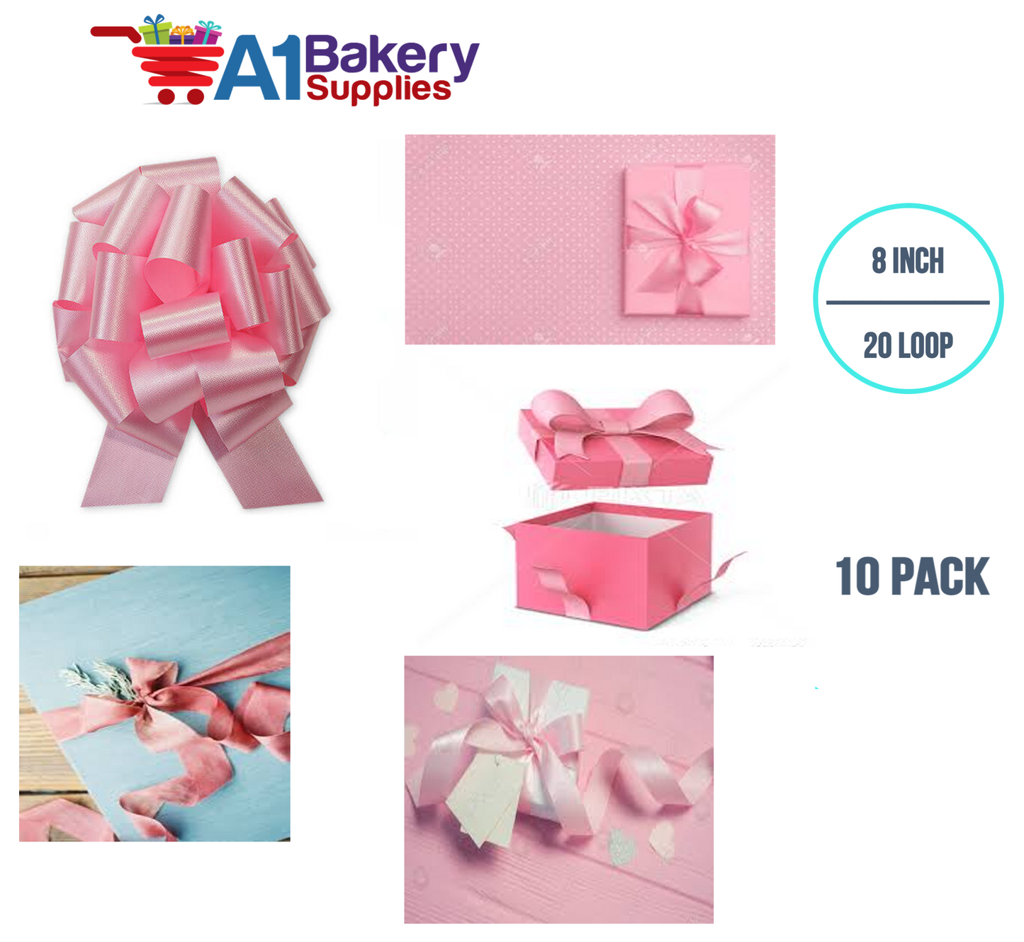A1BakerySupplies 10 Pieces Pull Bow for Gift Wrapping Gift Bows Pull Bow With Ribbon for Wedding Gift Baskets, 8 Inch 20 Loop in Pink Flora Satin Color