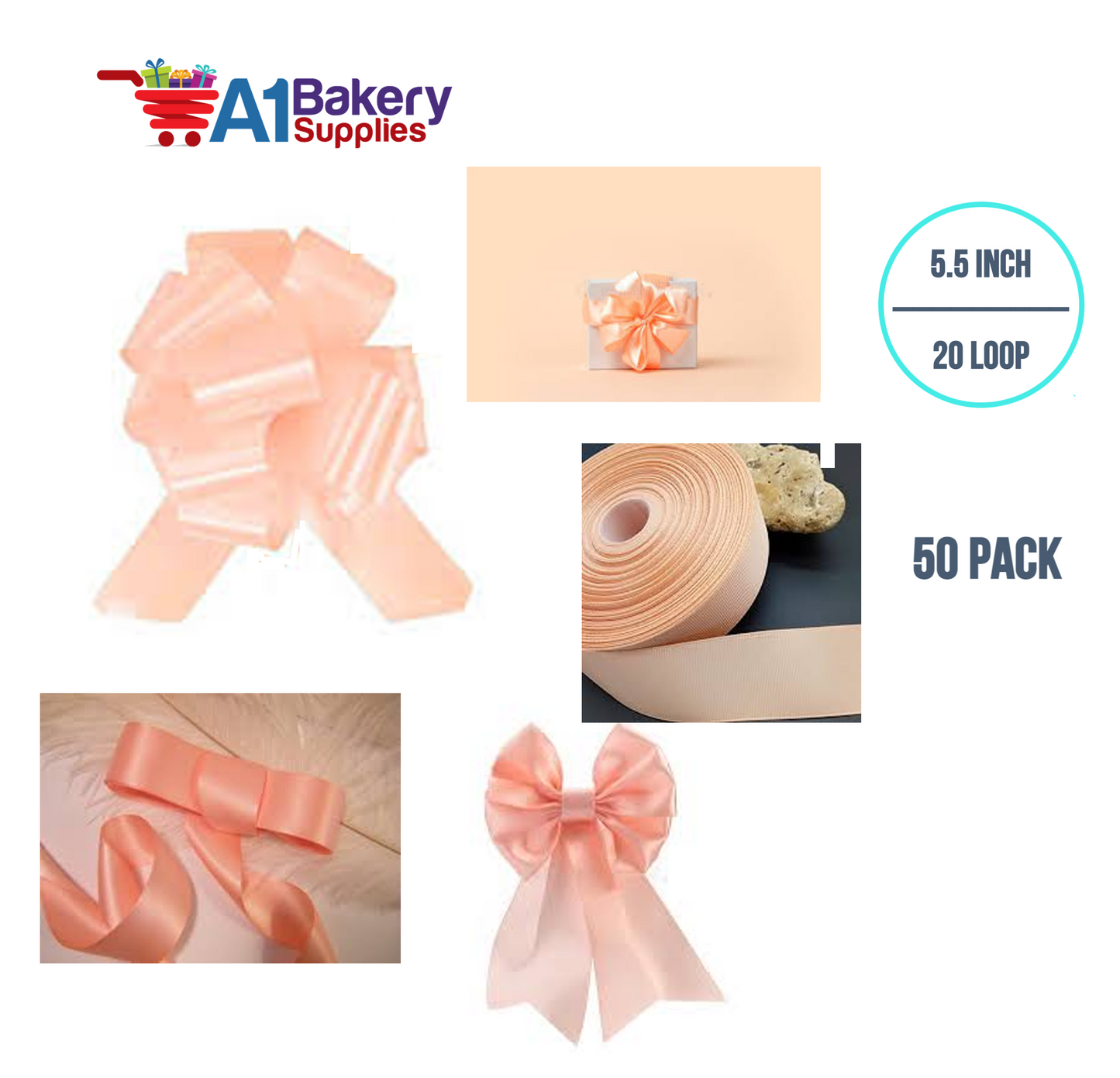 A1BakerySupplies 50 Pieces Pull Bow for Gift Wrapping Gift Bows Pull Bow With Ribbon for Wedding Gift Baskets, 5.5 Inch 20 Loop in Peach Color