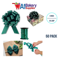 A1BakerySupplies 50 Pieces Pull Bow for Gift Wrapping Gift Bows Pull Bow With Ribbon for Wedding Gift Baskets, 8 Inch 20 Loop Hunter Green Flora Satin Color