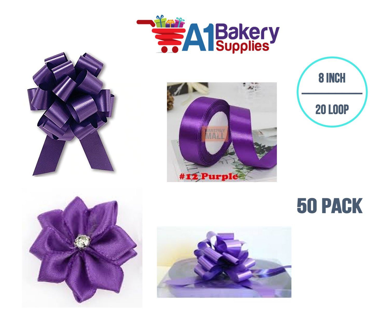A1BakerySupplies 50 Pieces Pull Bow for Gift Wrapping Gift Bows Pull Bow With Ribbon for Wedding Gift Baskets, 8 Inch 20 Loop Purple Flora Satin Color