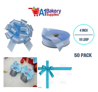 A1BakerySupplies 50 Pieces Pull Bow for Gift Wrapping Gift Bows Pull Bow With Ribbon for Wedding Gift Baskets, 4 Inch 18 Loop Light Blue Flora Satin Color