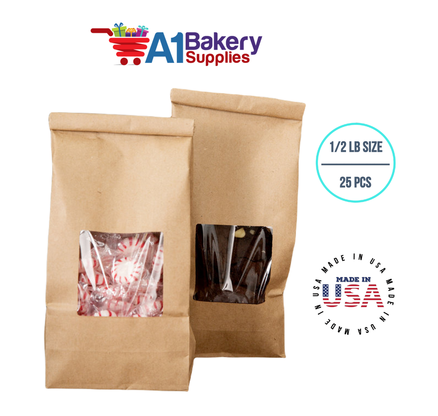 1/2 LB Size Brown Square Window Tin Tie Bags 25 PCS Kraft  Bakery Bags with Square Window Resealable Tin Tie Tab Lock Poly-Lined Bags Kraft Paper Bags for Cookies, Coffee