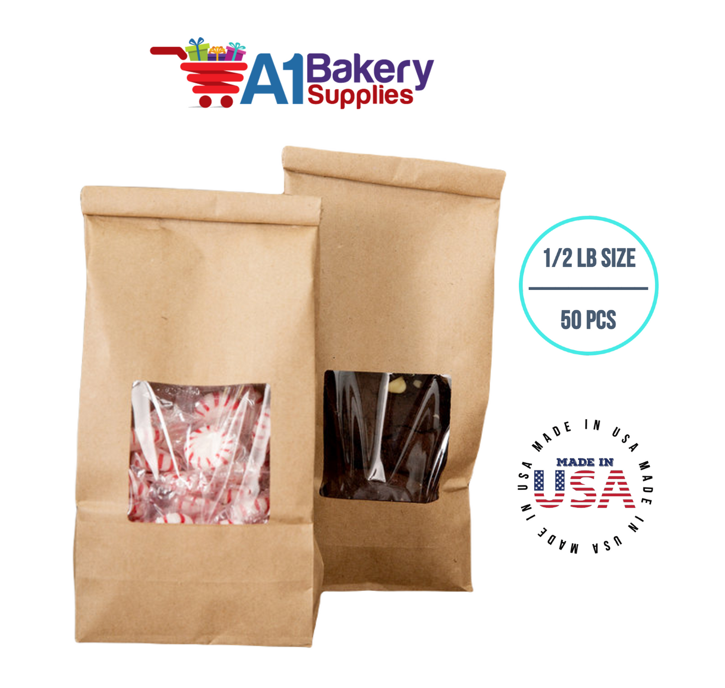 1/2 LB Size Brown Square Window Tin Tie Bags 50 PCS  Kraft  Bakery Bags with Square Window Resealable Tin Tie Tab Lock Poly-Lined Bags Kraft Paper Bags for Cookies, Coffee