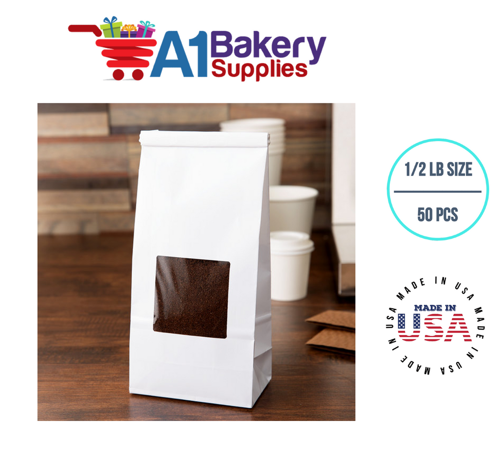 1/2 LB Size White Square Window Tin Tie Bags 50 PCS 7 3/4 Inch (Length) x 3 3/8 Inch (Width) x 2 1/2 Inch (Gusset) White  Bakery Bags with Square Window Resealable Tin Tie Tab Lock Poly-Lined Bags White Paper Bags for Cookies, Coffee