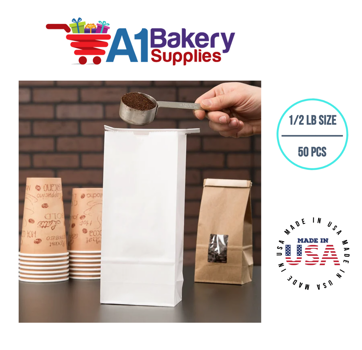 1/2 LB Size White No Window Tin Tie Bags 50 PCS White  Bakery Bags with No Window Resealable Tin Tie Tab Lock Poly-Lined Bags White Paper Bags for Cookies, Coffee