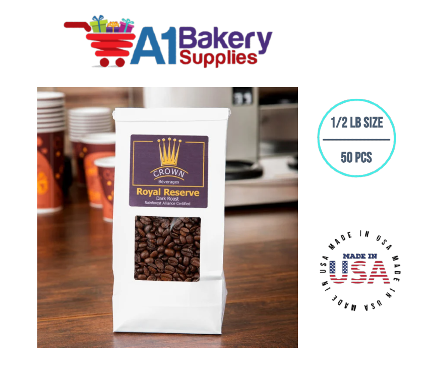 1/2 LB Size White Square Window Tin Tie Bags 50 PCS  White  Bakery Bags with Square Window Resealable Tin Tie Tab Lock Poly-Lined Bags White Paper Bags for Cookies, Coffee