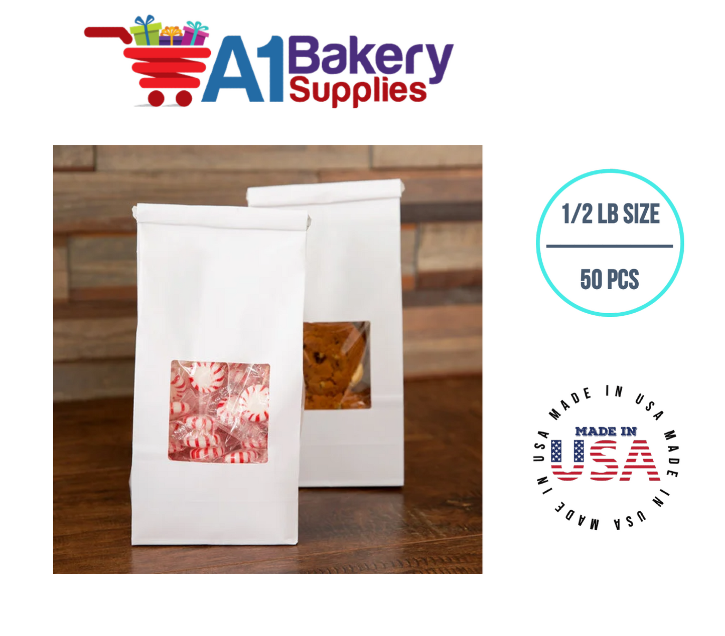 1/2 LB Size White Square Window Tin Tie Bags 50 PCS  White  Bakery Bags with Square Window Resealable Tin Tie Tab Lock Poly-Lined Bags White Paper Bags for Cookies, Coffee