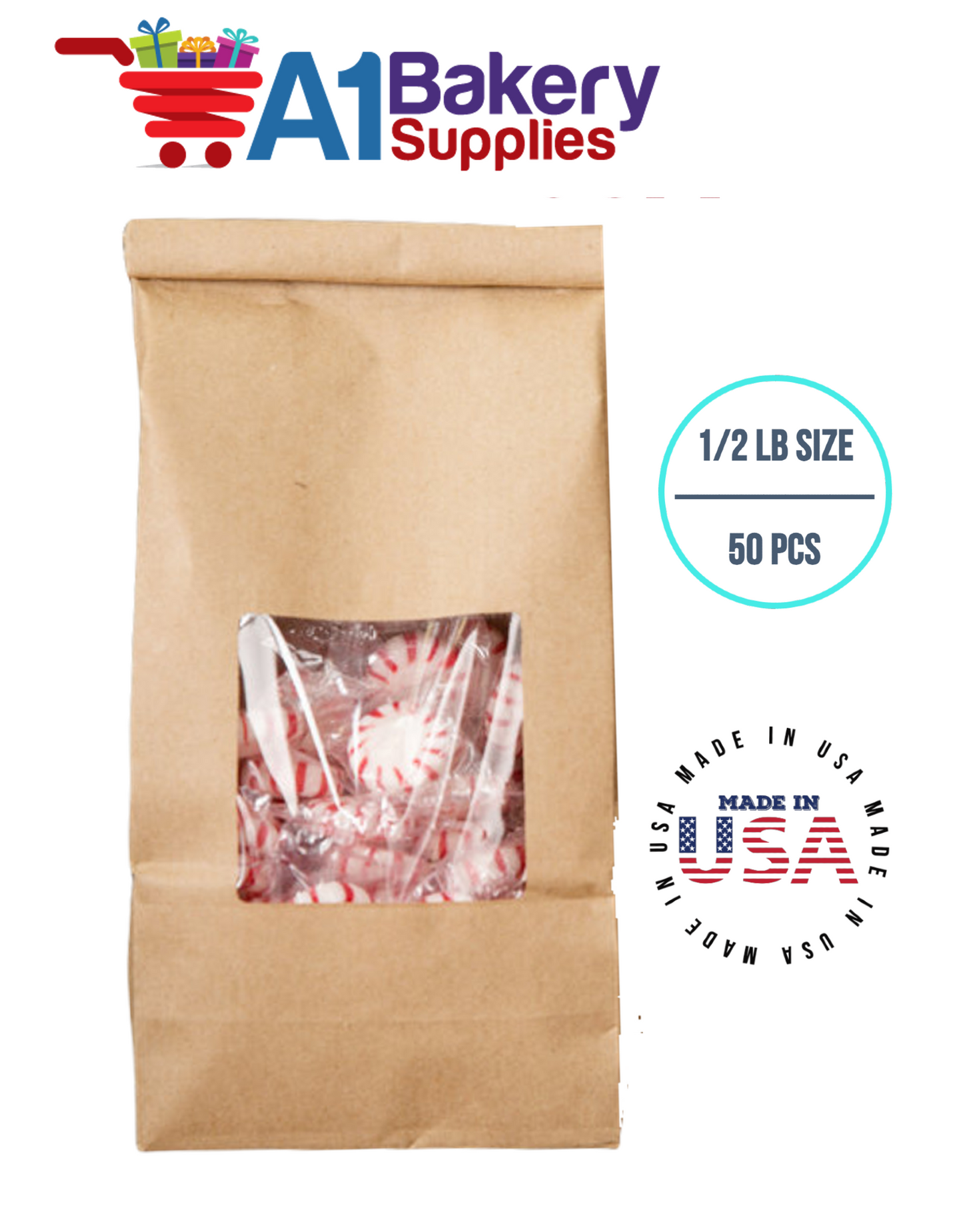 1/2 LB Size Brown Square Window Tin Tie Bags 50 PCS  Kraft  Bakery Bags with Square Window Resealable Tin Tie Tab Lock Poly-Lined Bags Kraft Paper Bags for Cookies, Coffee