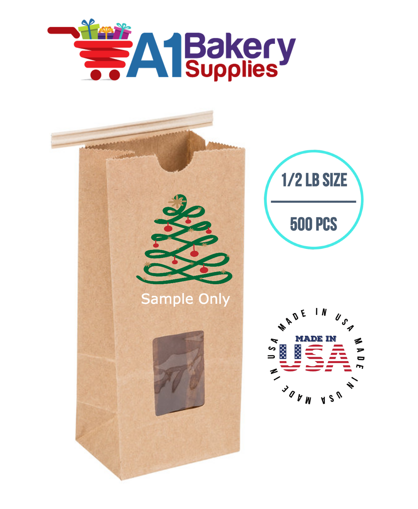 1/2 LB Size Brown Square Window Tin Tie Bags 500 PCS  Kraft  Bakery Bags with Square Window Resealable Tin Tie Tab Lock Poly-Lined Bags Brown Paper Bags for Cookies, Coffee