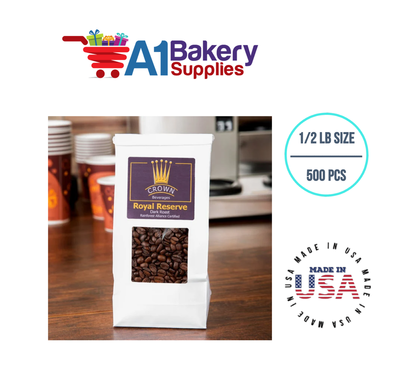 1/2 LB Size White Square Window Tin Tie Bags 500 PCS White  Bakery Bags with Square Window Resealable Tin Tie Tab Lock Poly-Lined Bags White Paper Bags for Cookies, Coffee