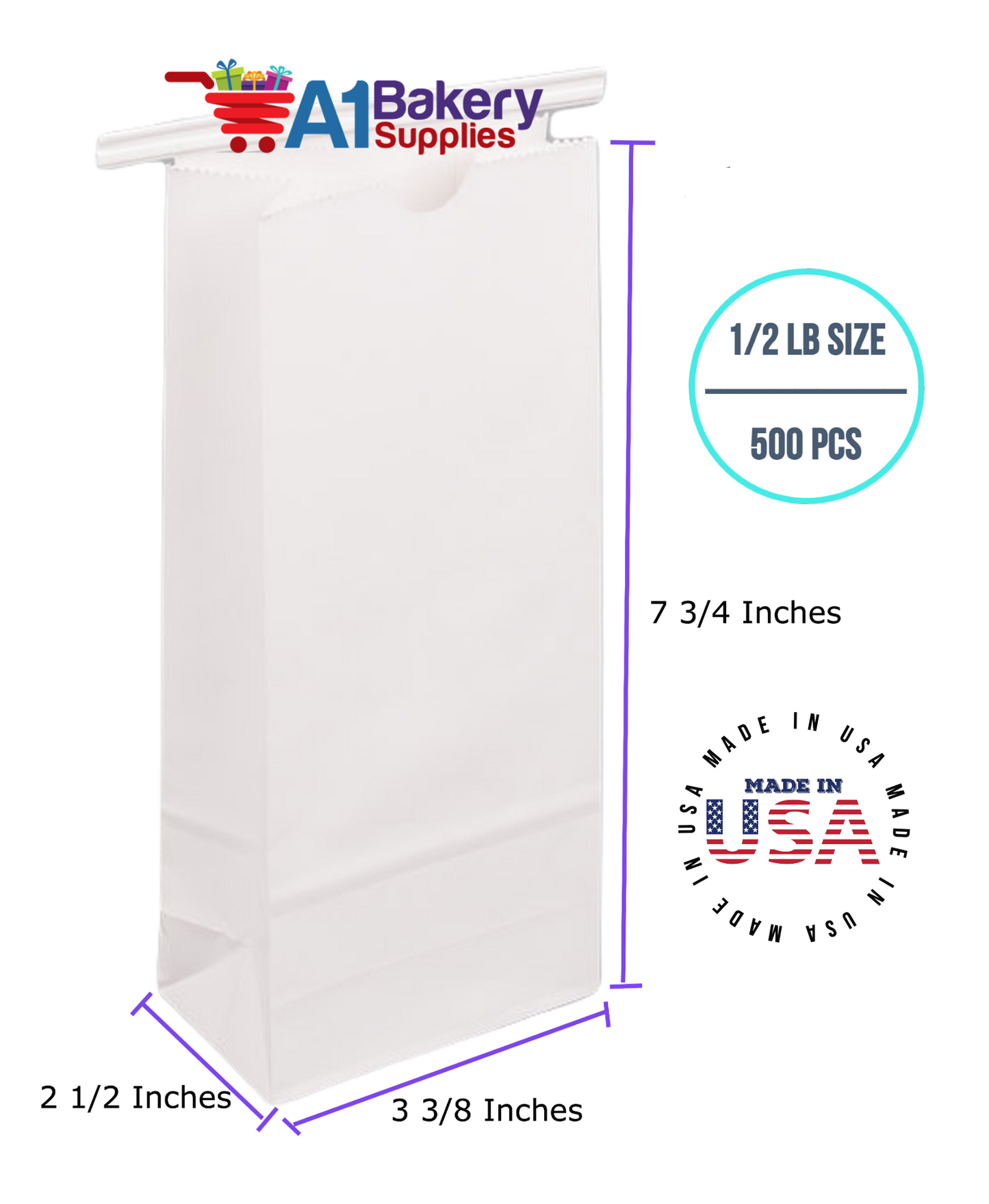 1/2 LB Size White No Window Tin Tie Bags 500 PCS  White  Bakery Bags with No Window Resealable Tin Tie Tab Lock Poly-Lined Bags White Paper Bags for Cookies, Coffee