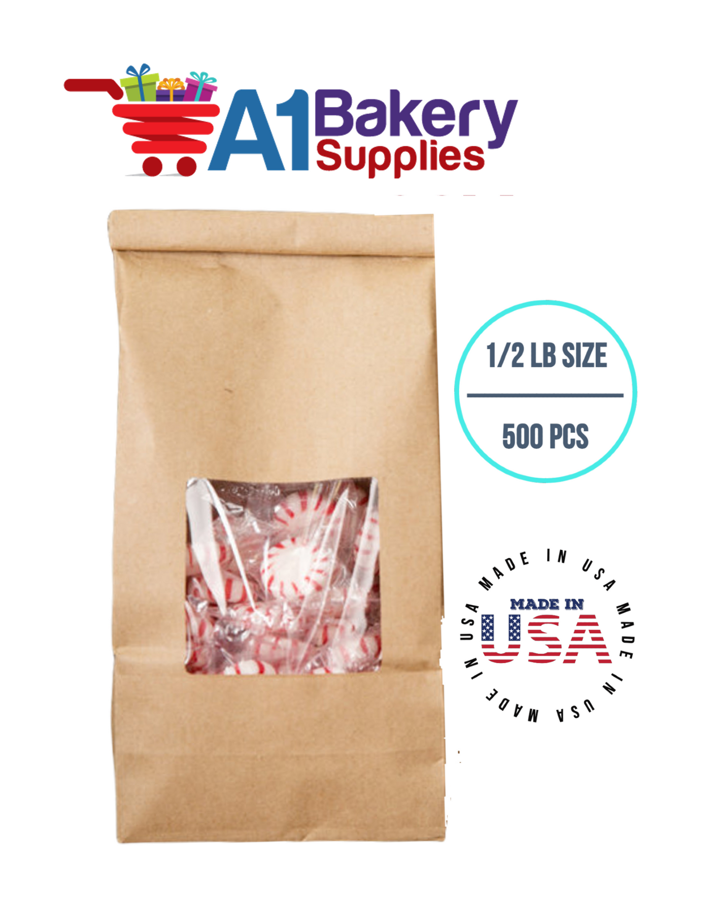 1/2 LB Size Brown Square Window Tin Tie Bags 500 PCS  Kraft  Bakery Bags with Square Window Resealable Tin Tie Tab Lock Poly-Lined Bags Brown Paper Bags for Cookies, Coffee