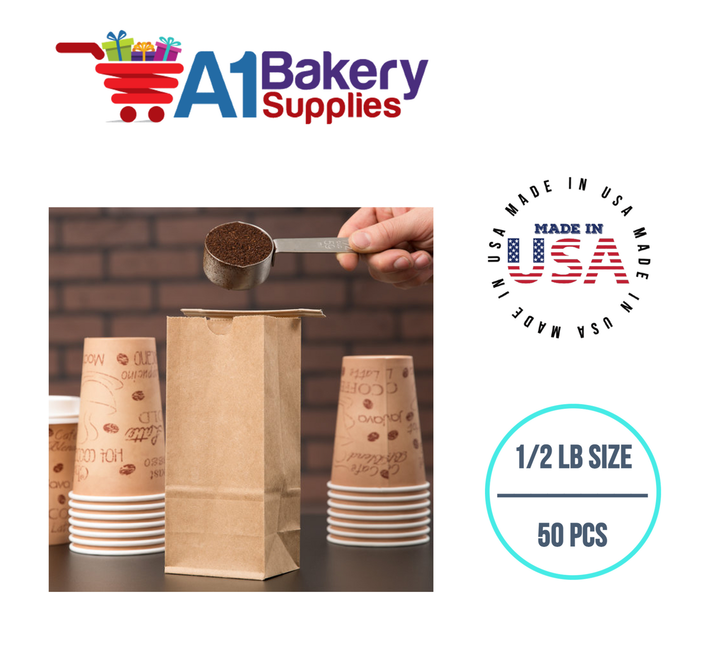 1/2 LB Size Brown No Window Tin Tie Bags 50 PCS  Kraft  Bakery Bags with No Window Resealable Tin Tie Tab Lock Poly-Lined Bags Kraft Paper Bags for Cookies, Coffee